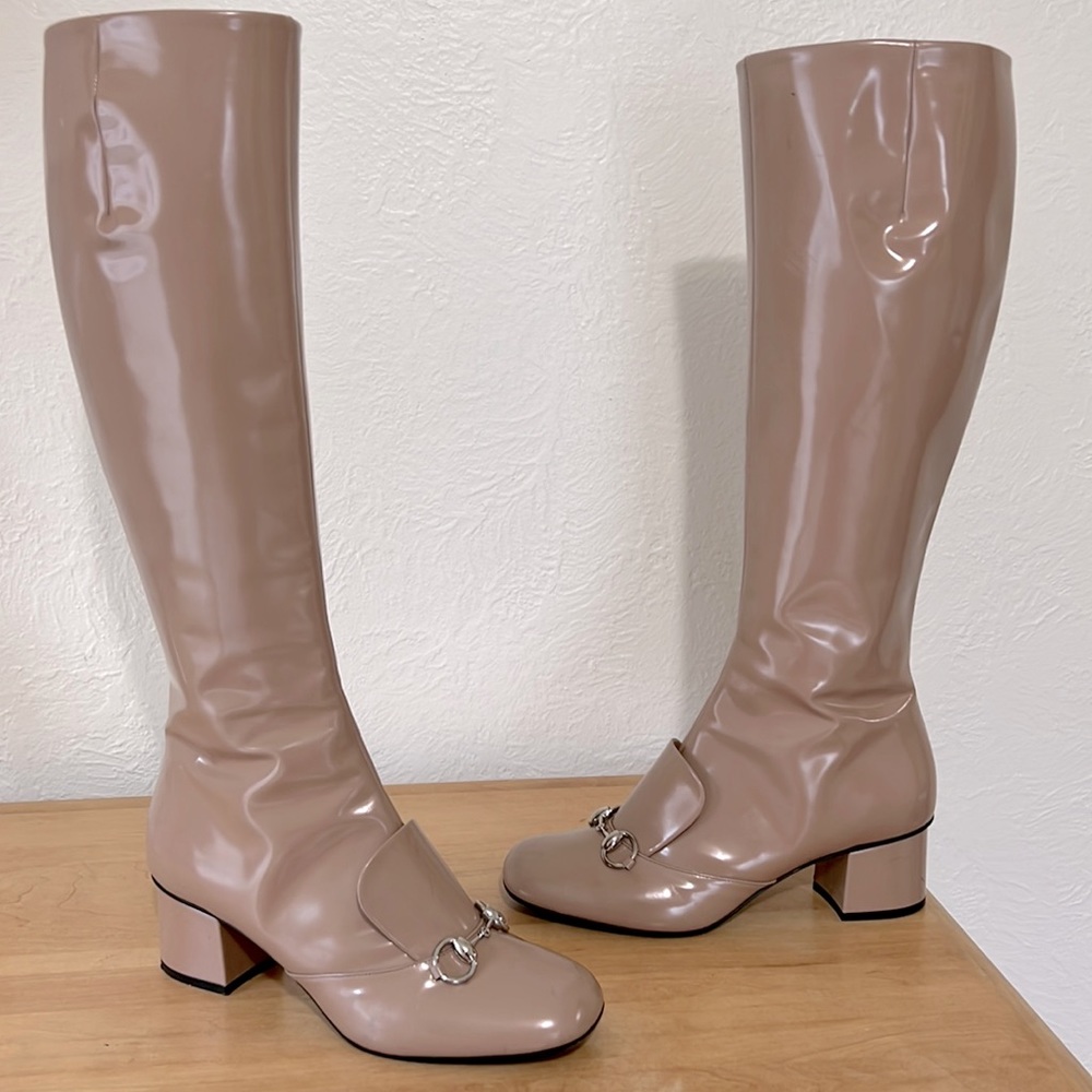 Used Gucci patent leather regent horsebit knee high block heel boots 39.5 cute
